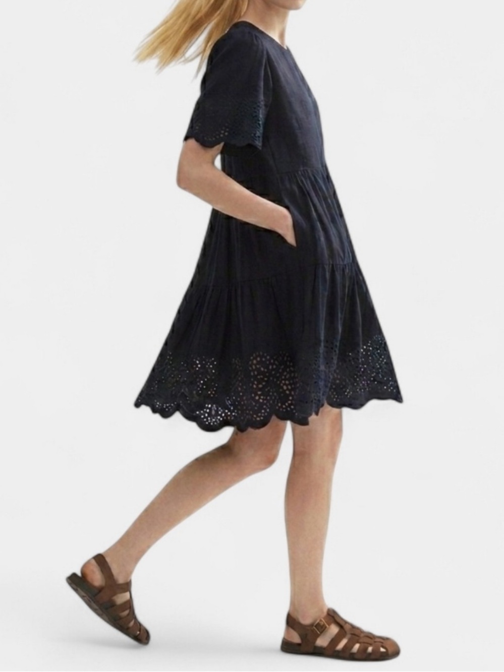 ME+EM Cheesecloth Broderie Short Swing Dress + Belt 8 Navy Cotton Tiered Boho